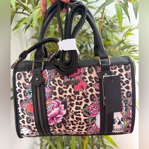 ED HARDY Satchel Handbag Cheetah Leopard Print Skull Roses Tattoo NWT